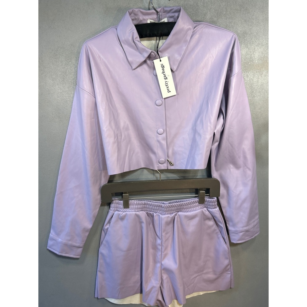 Pretty Garbage Lavender Faux Leather Two Piece Cropped Jacket Shorts Set Small